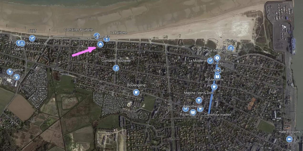 Map of Ouistreham showing Villa Tamaris on the seafront